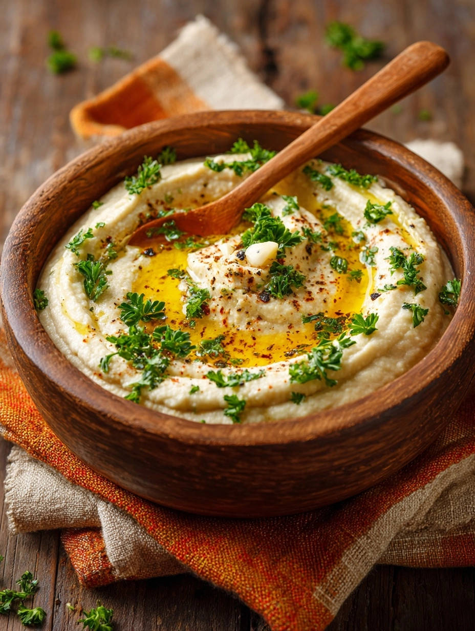 Homemade Hummus Overhead Wooden Bowl 1