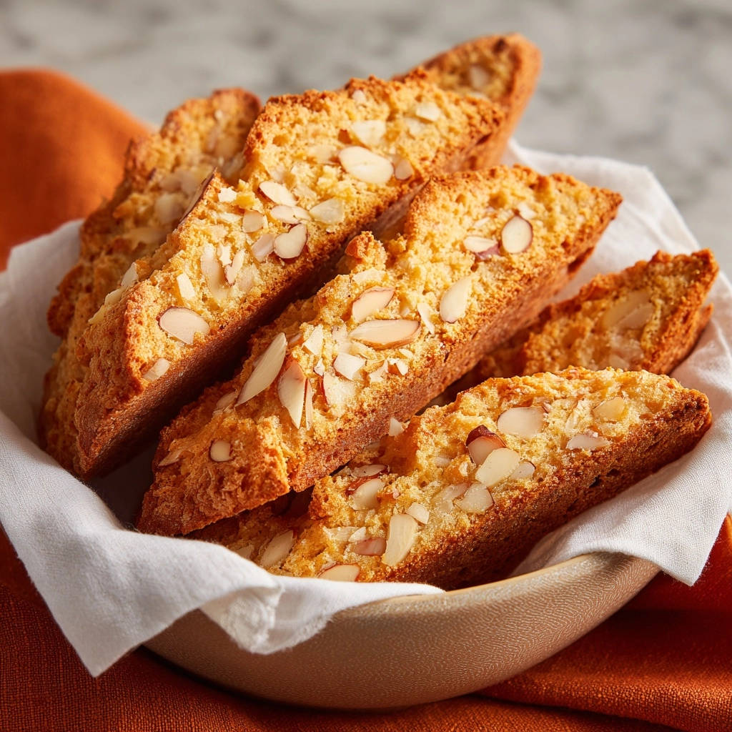 Sliced almond biscotti with toasted almonds are arranged in a white-lined bowl on an orange cloth.