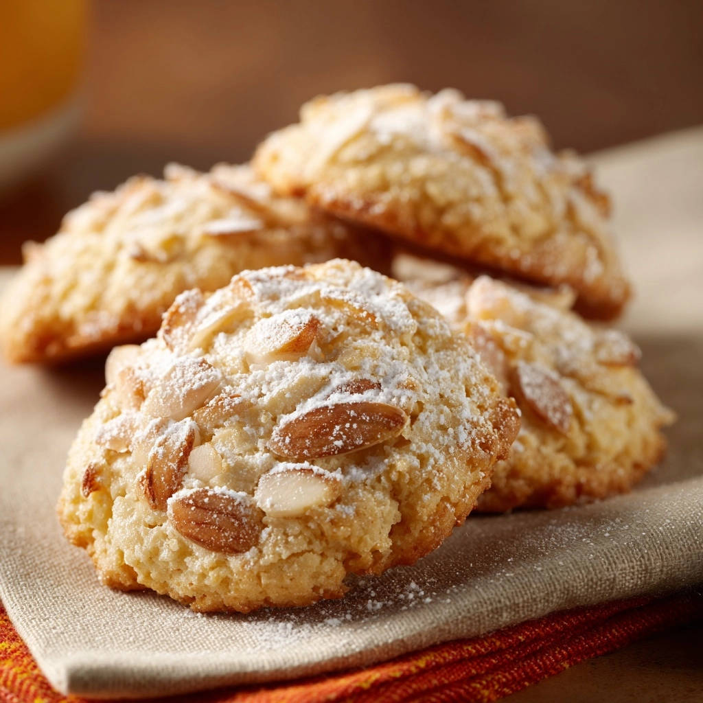 A close-up of a pile of Almond Blossom Cookies dusted with powdered sugar and topped with sliced almonds, resting on a beige napkin.