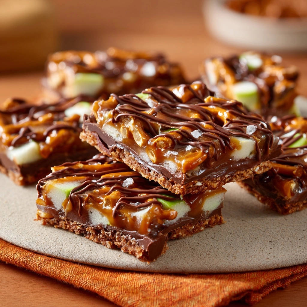 Close-up of Caramel Apple Pretzel Bark with layers of chocolate, caramel, pretzels, apples, and a drizzle of chocolate.