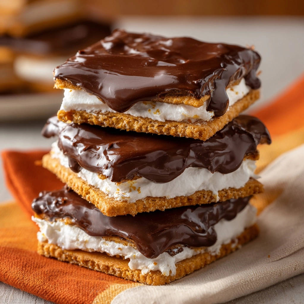 A stack of Caramel S'mores Stacks with melted chocolate, marshmallow, and graham crackers on an orange and white napkin.