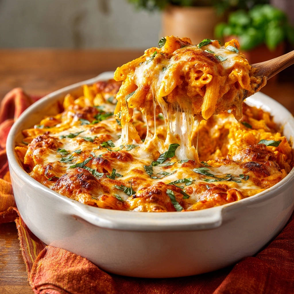 Cheesy baked penne pasta with melted mozzarella cheese and fresh basil, served in a white baking dish.