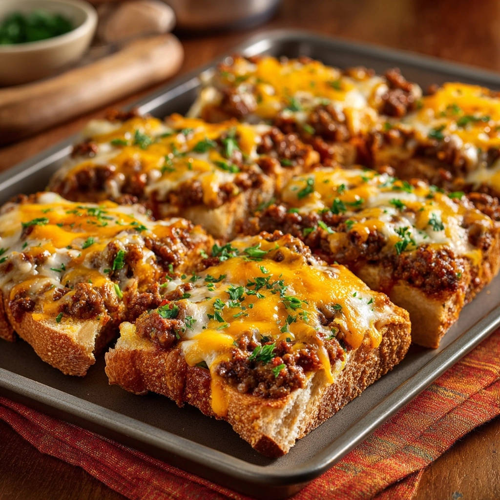 Cheesy Beef Melts on toasted bread, topped with melted cheddar cheese and fresh parsley, served on a baking sheet.
