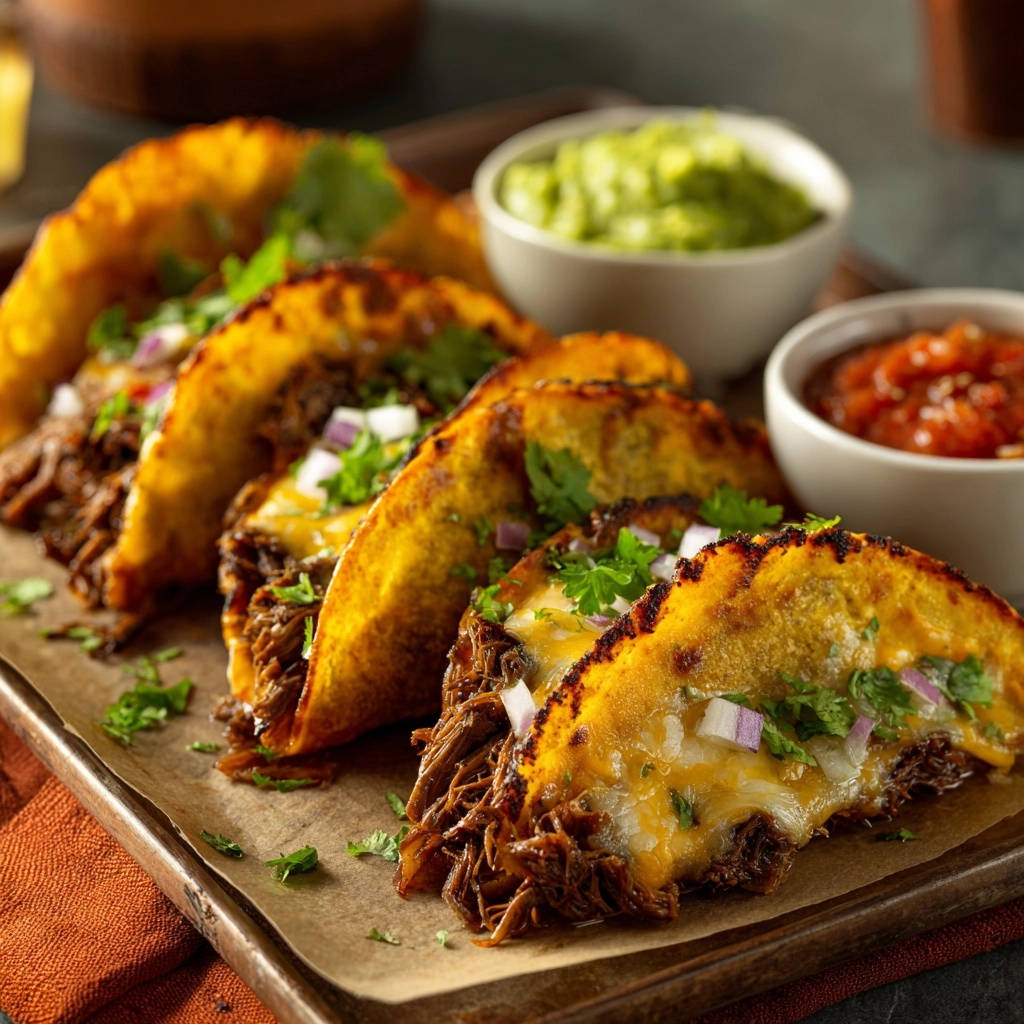 Cheesy shredded beef tacos with melted cheese, cilantro, and red onion served with guacamole and salsa.