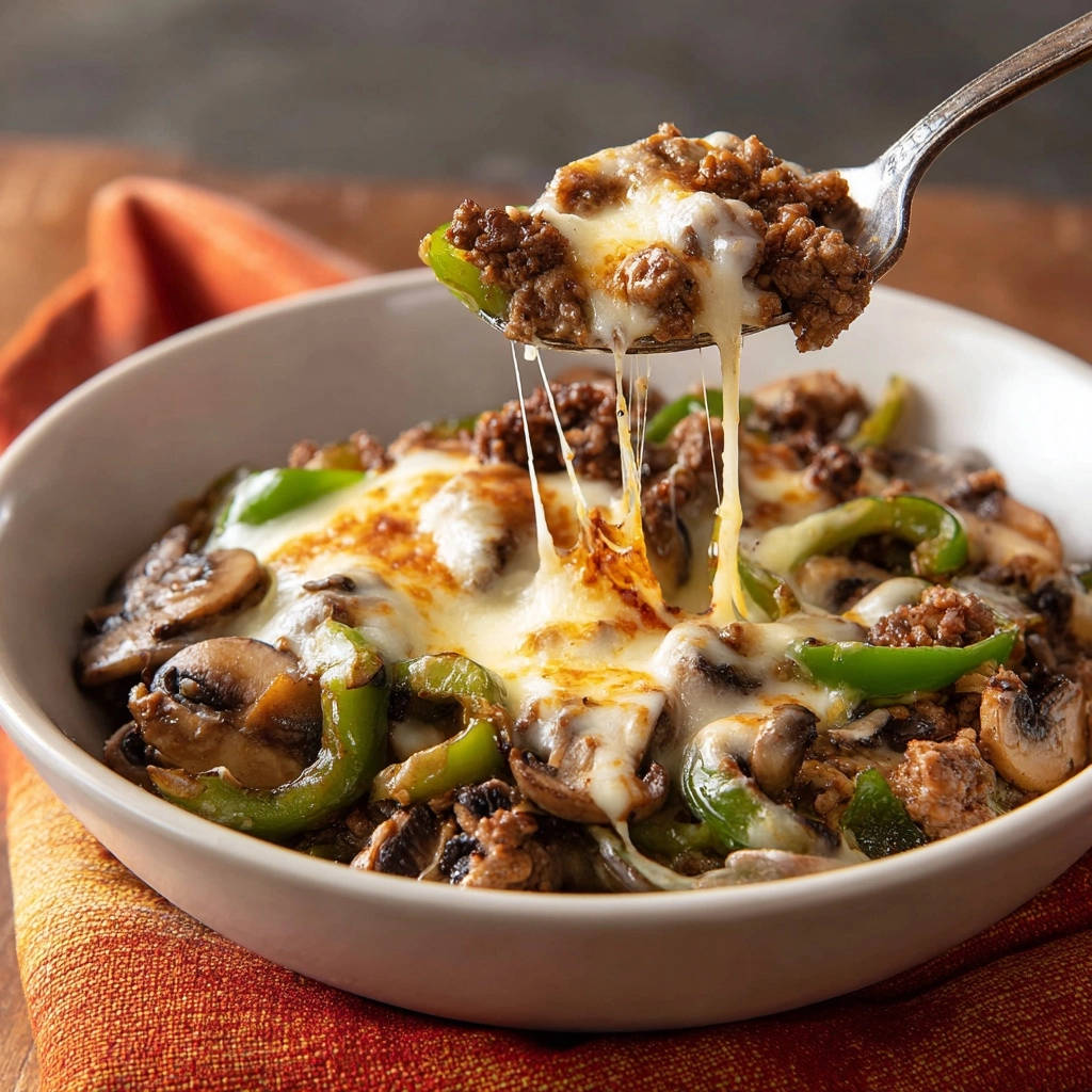 A spoonful of cheesy skillet steak and veggies with melted cheese, green peppers, and mushrooms being lifted from the bowl.
