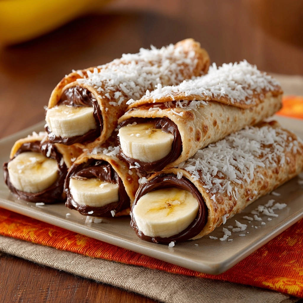 Chocolate Banana Crepe Roll Ups Close Up Plated 1