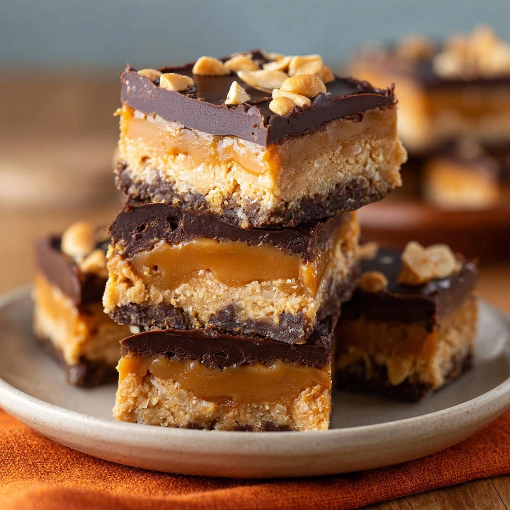 Stacked chocolate peanut butter crunch bars with layers of chocolate, caramel, and peanut butter on a neutral plate.