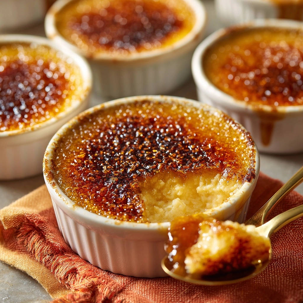 A close-up of classic Creme Brulee with a golden, caramelized sugar crust, served in a white ramekin.