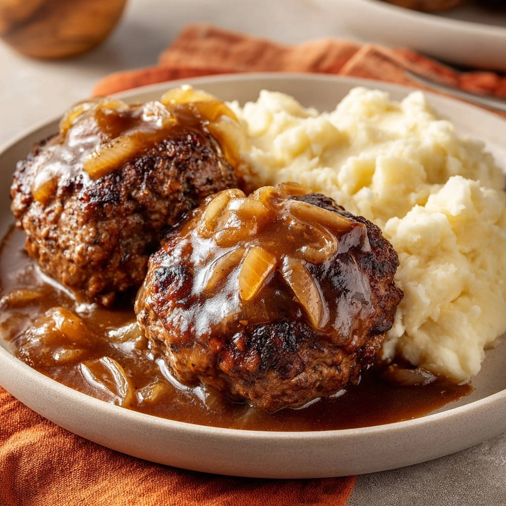 Classic Salisbury Steak Plated With Mashed Potatoes