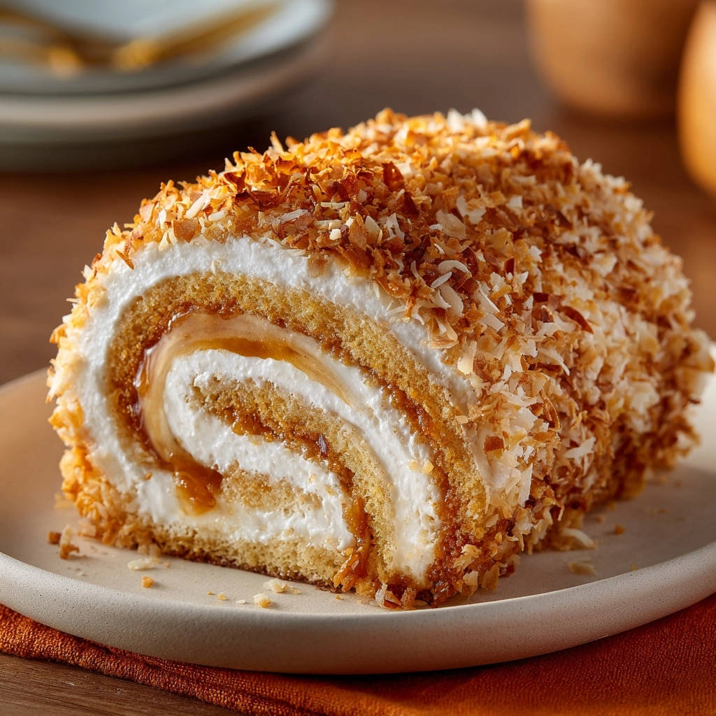 Coconut Caramel Roll Cake Cross Section