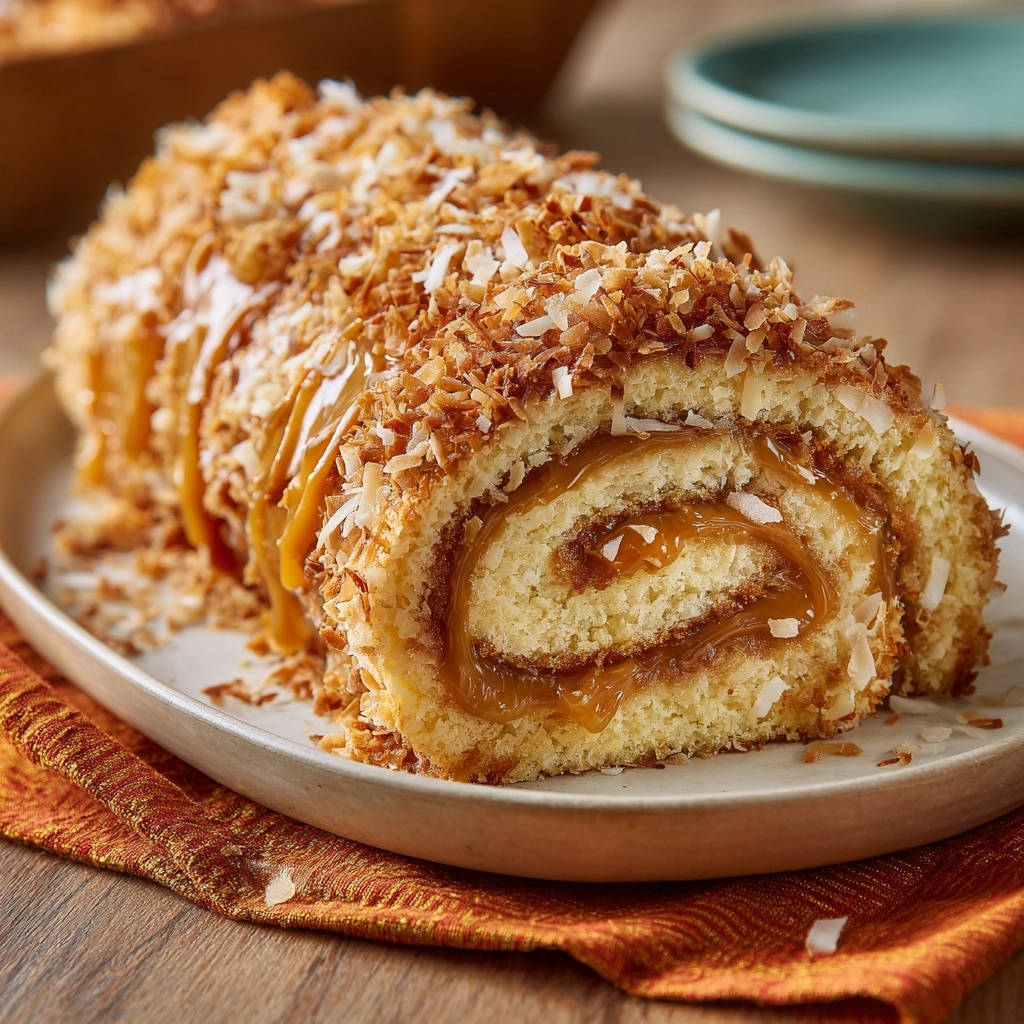 A close-up of a slice of coconut caramel roll cake with caramel drizzle and toasted coconut flakes on a white plate.