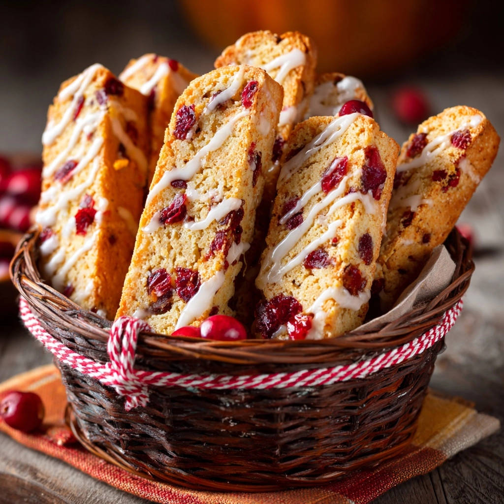 A basket of cranberry orange biscotti is filled with crisp, golden cookies drizzled with white icing and studded with cranberries.