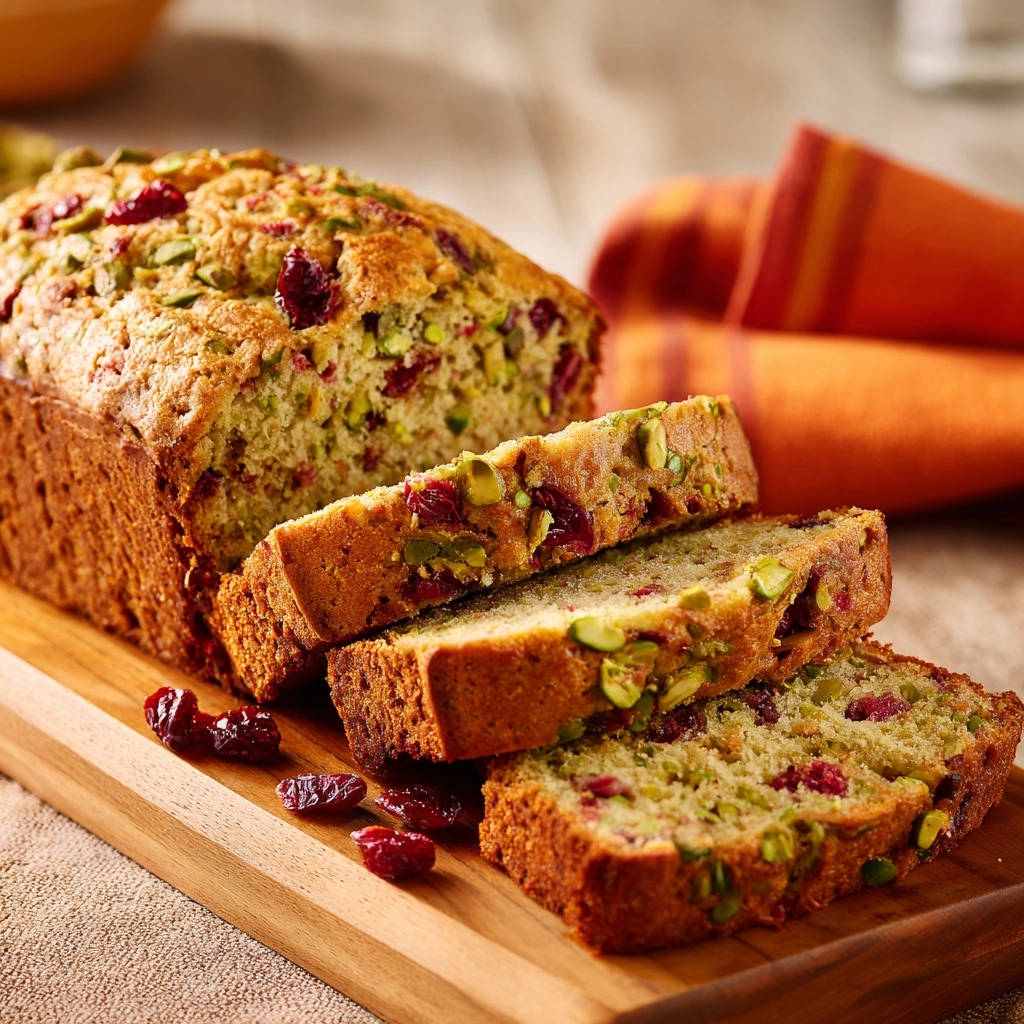 Sliced cranberry pistachio loaf with pistachios and dried cranberries on a wooden cutting board, ready to serve.