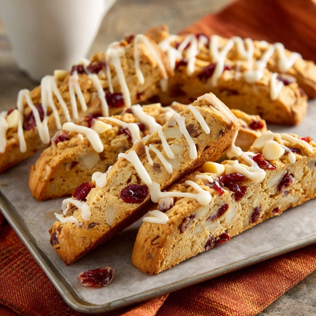 Sliced cranberry white chocolate biscotti drizzled with white icing, with visible cranberries and white chocolate chips, on a baking sheet.