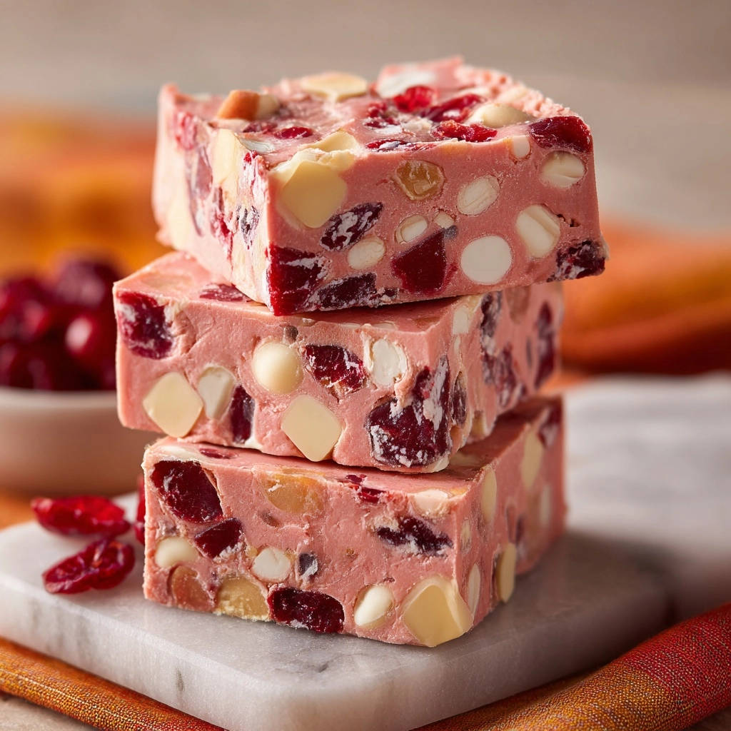 Three pieces of cranberry white chocolate fudge are stacked on a marble board with dried cranberries nearby.