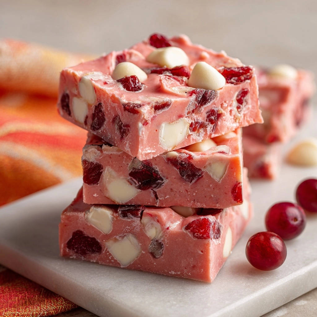 Cranberry White Chocolate Fudge Stacked Close Up