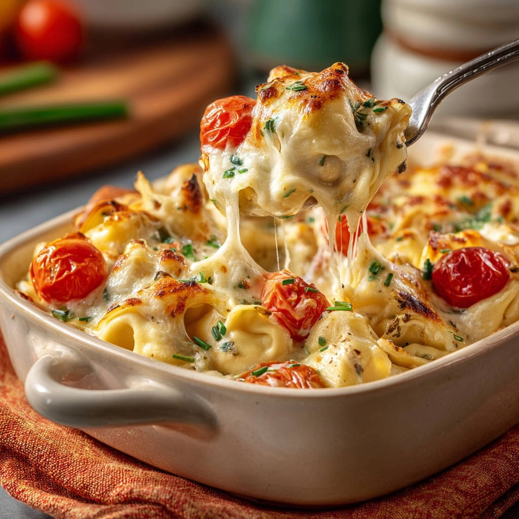 Creamy Baked Tortellini Cheesy Pull