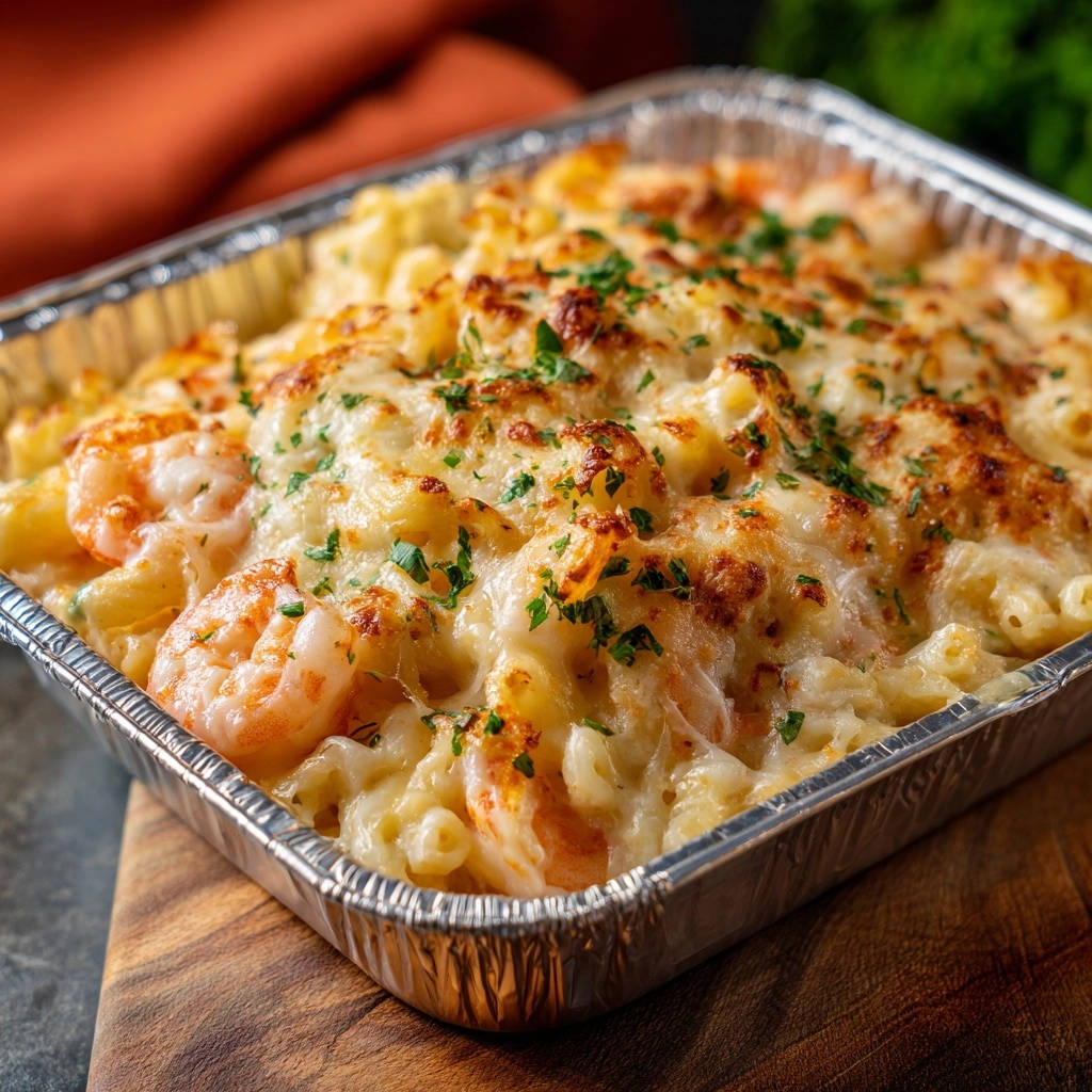 A square aluminum pan of creamy Cajun Shrimp Mac & Cheese is baked with a golden, bubbly cheese topping and garnished with fresh parsley.