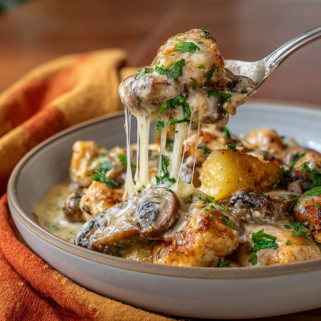 Creamy chicken mushroom gnocchi in a bowl, with melted cheese stretching from a spoonful, garnished with parsley.