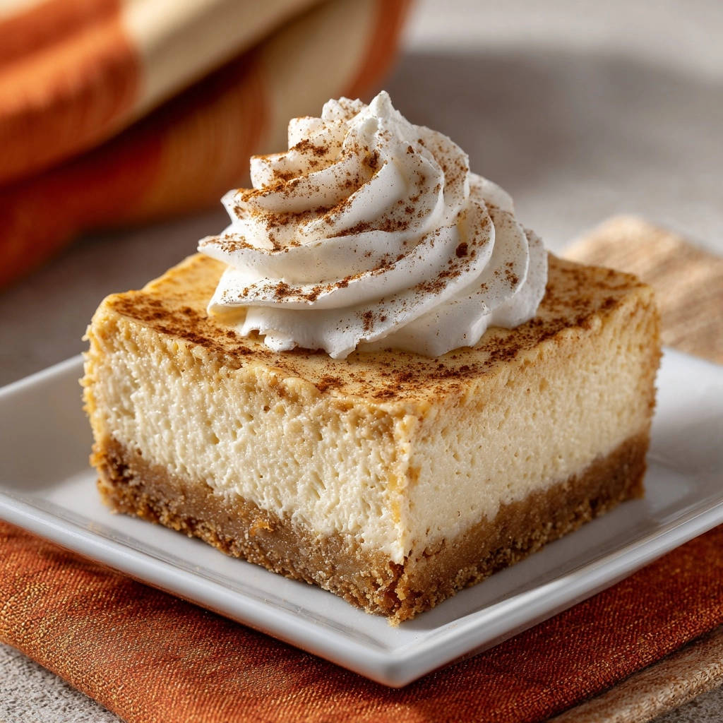 A square of creamy Dream Cheesecake Bars topped with a swirl of whipped cream and dusted with cinnamon.