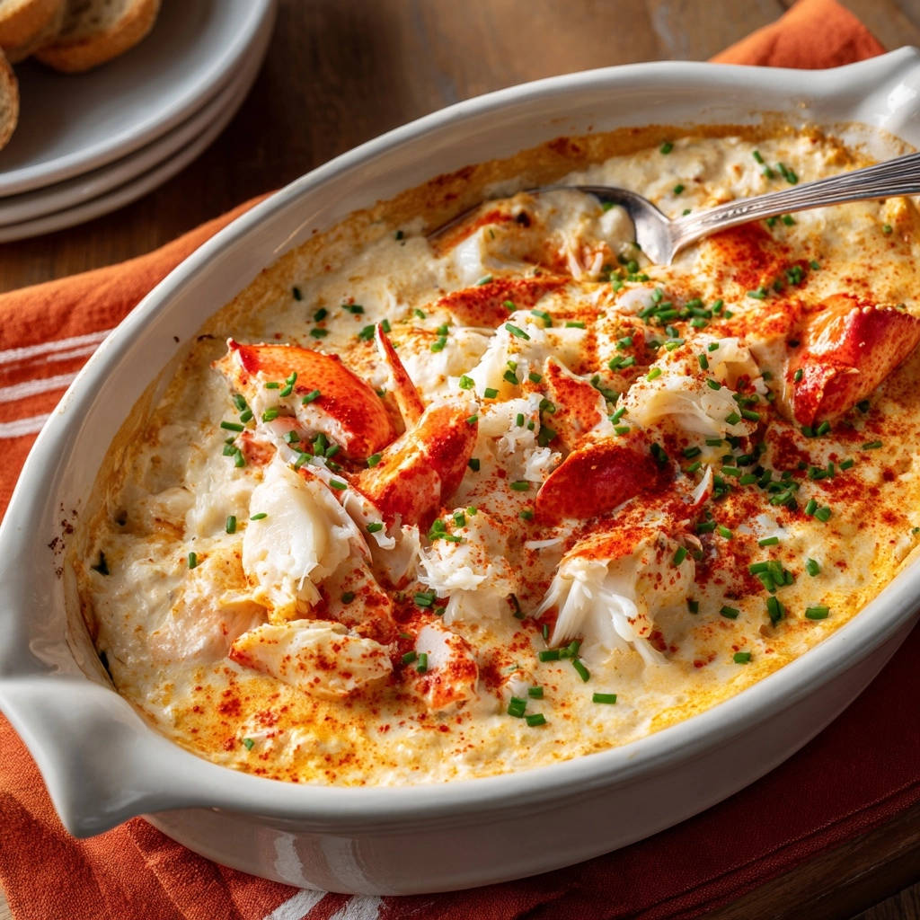 A creamy dreamy lobster casserole baked in a white dish, topped with lobster meat, paprika, and fresh chives.