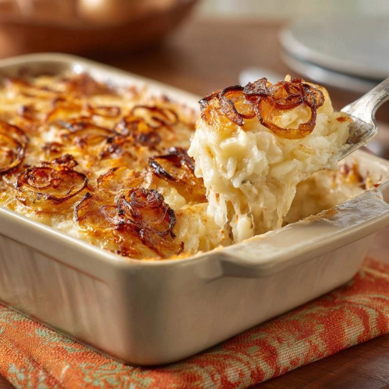 Creamy French Onion Potato Bake Serving Lifted