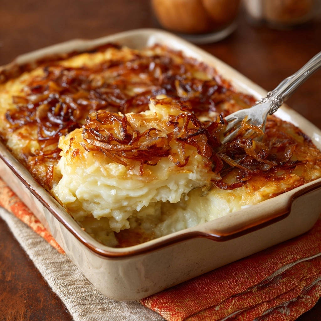 A forkful of creamy French onion potato bake with a crispy layer of caramelized onions in a ceramic baking dish.