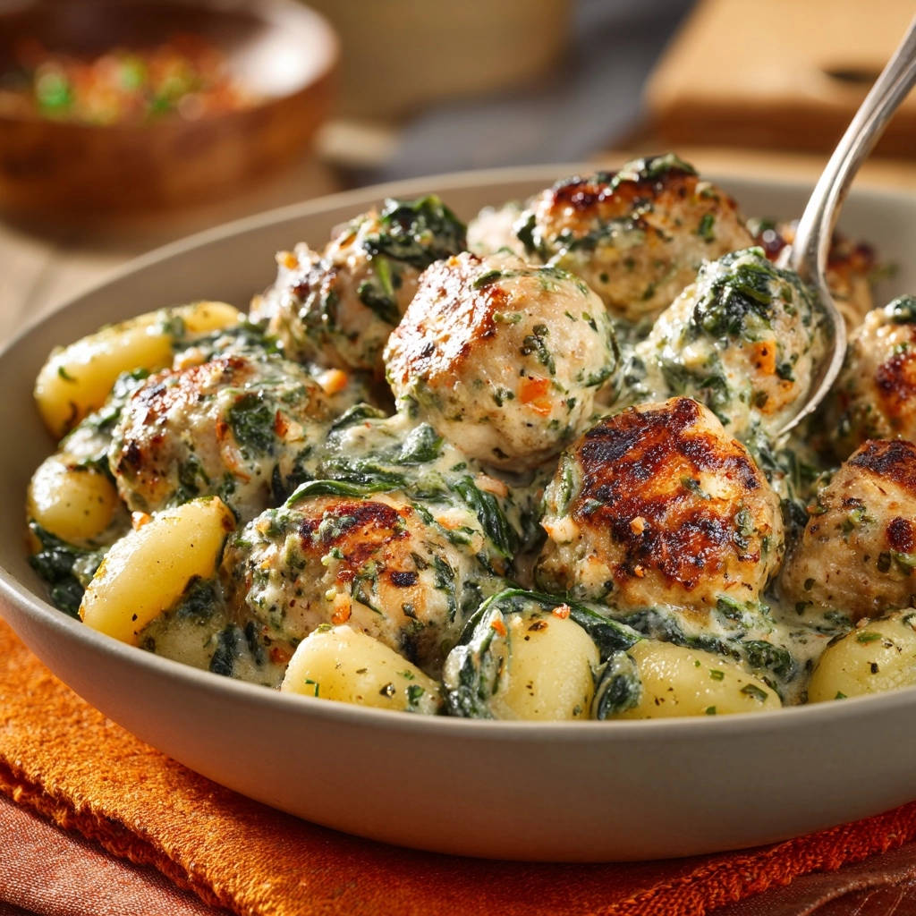 Creamy Gnocchi Meatball Skillet Close Up Detail 1