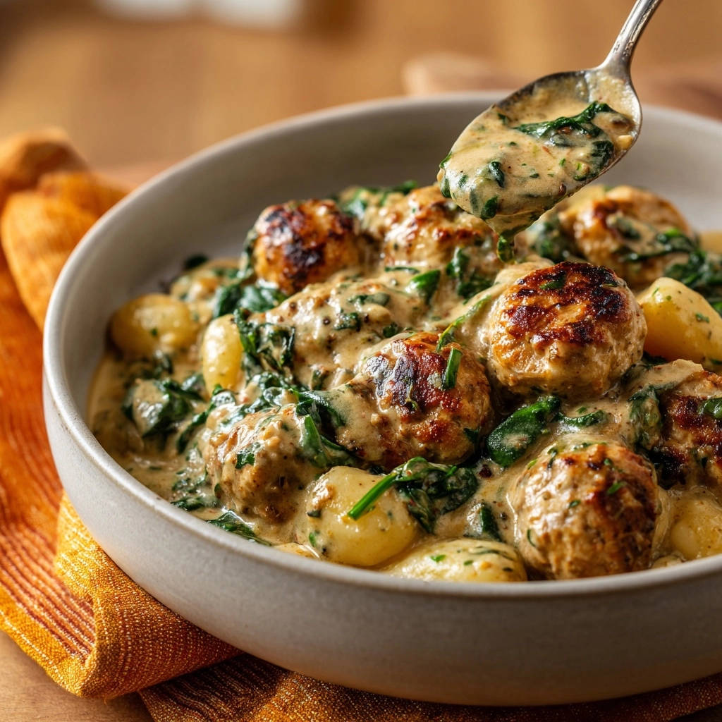 Creamy Gnocchi Meatball Skillet Spoonful Close Up