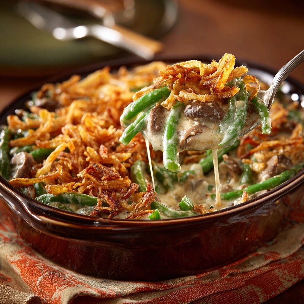 Creamy green bean casserole with tender green beans, mushrooms, and a topping of crispy fried onions in a brown baking dish.