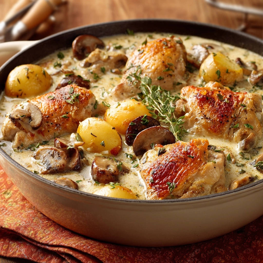 A creamy mushroom and thyme chicken skillet features crispy chicken thighs, golden potatoes, and fresh thyme sprigs.