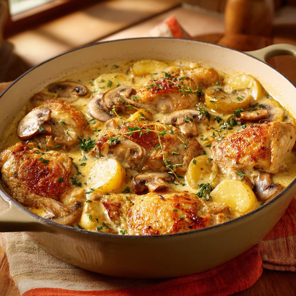 Creamy Mushroom Thyme Chicken Skillet Close Up