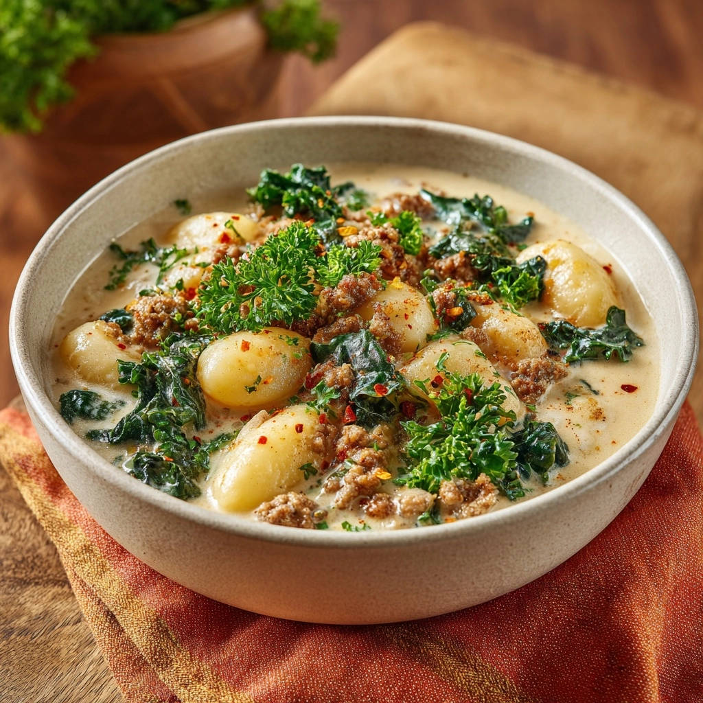 Creamy Sausage Gnocchi Soup Close Up Detail 1