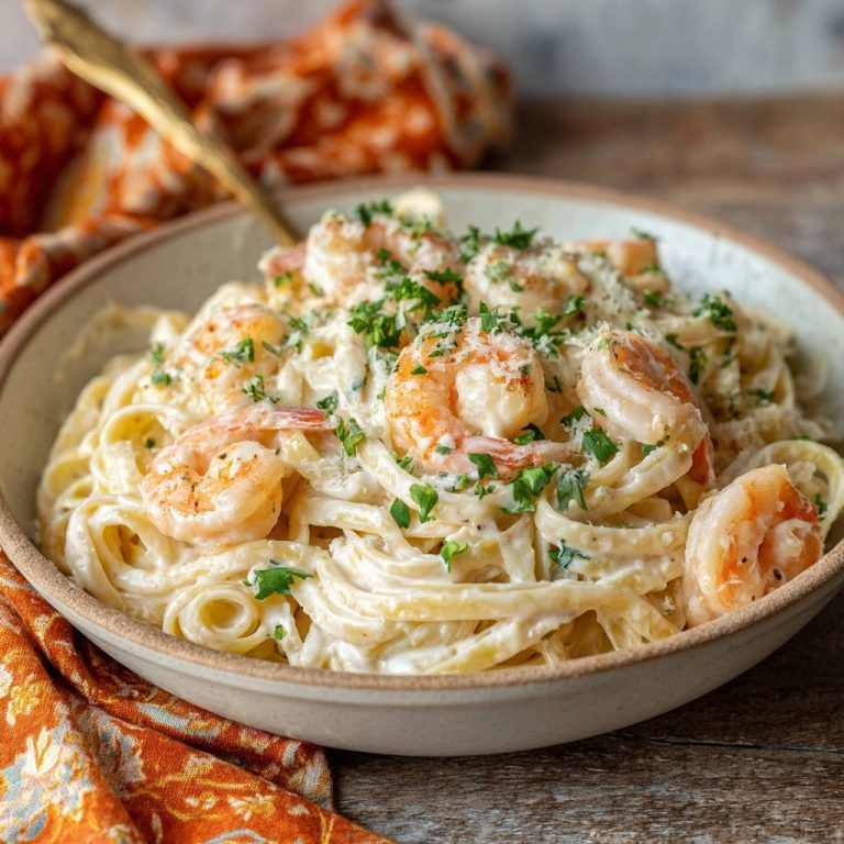 Creamy Shrimp Fettuccine Close Up Plated