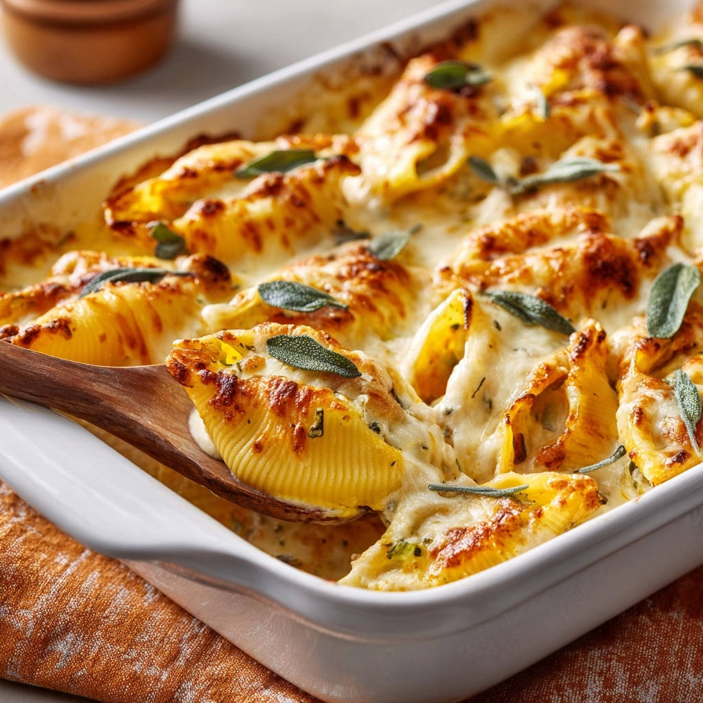 Creamy stuffed shells baked in a white casserole dish, topped with melted cheese and fresh sage leaves.