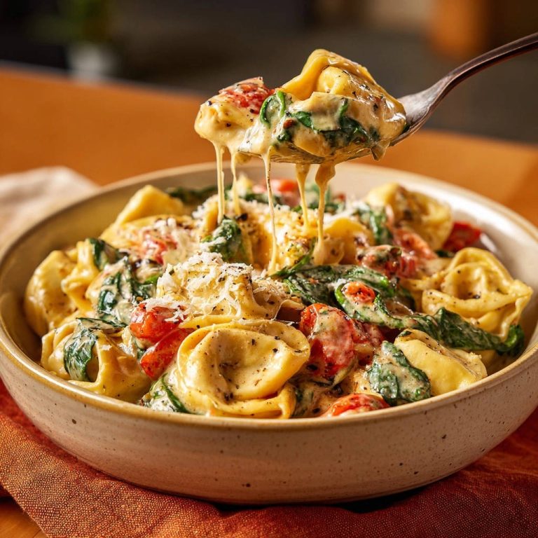 Creamy Tortellini Spinach Tomatoes Spoonful Sauce Drip
