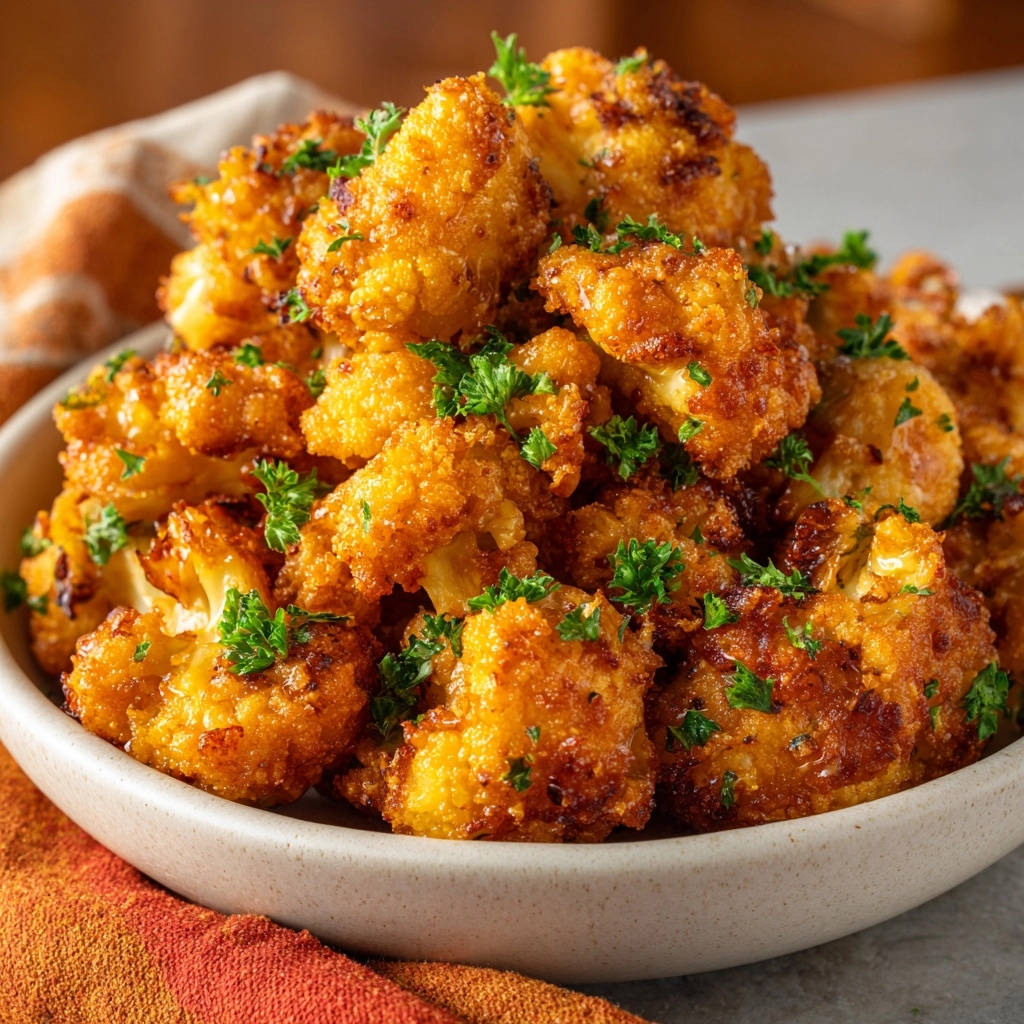 A bowl of golden-brown crispy Buffalo cauliflower bites garnished with fresh green parsley, ready to eat.