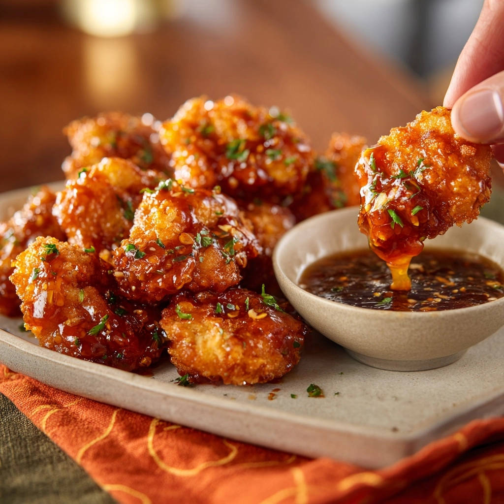 Crispy Glazed Chicken Bites Dipping In Sauce
