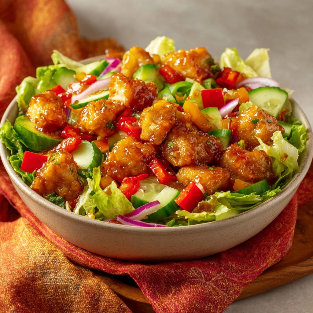 Crispy Glazed Chicken Salad Overhead Bowl