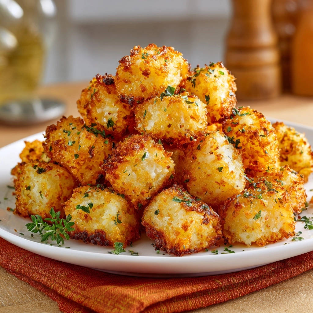 A plate piled high with crispy golden potato bites, garnished with fresh herbs and served on a rustic orange napkin.