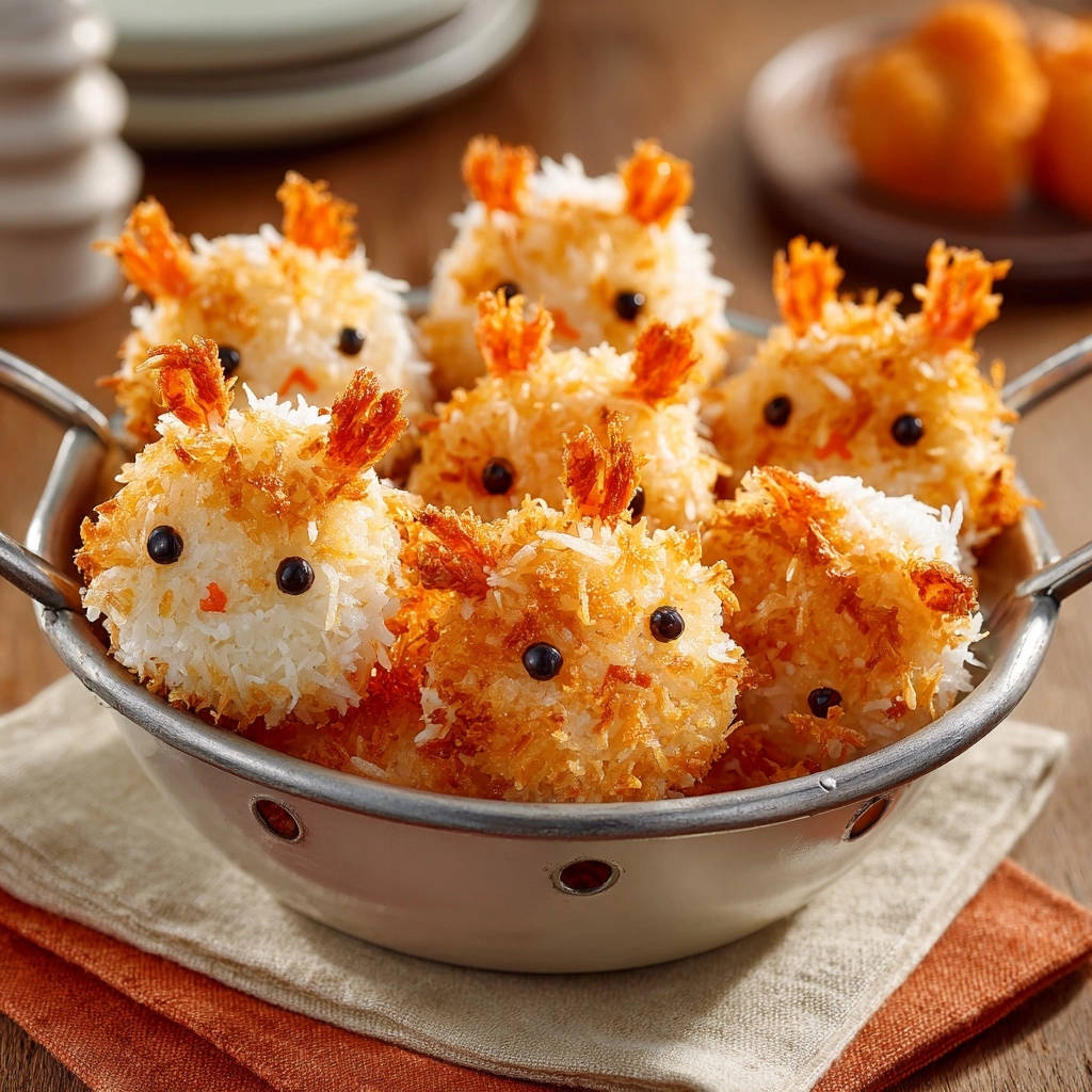 Cutie Coconut Shrimp, coated in golden-brown coconut flakes, are arranged in a white serving bowl on a wooden table.
