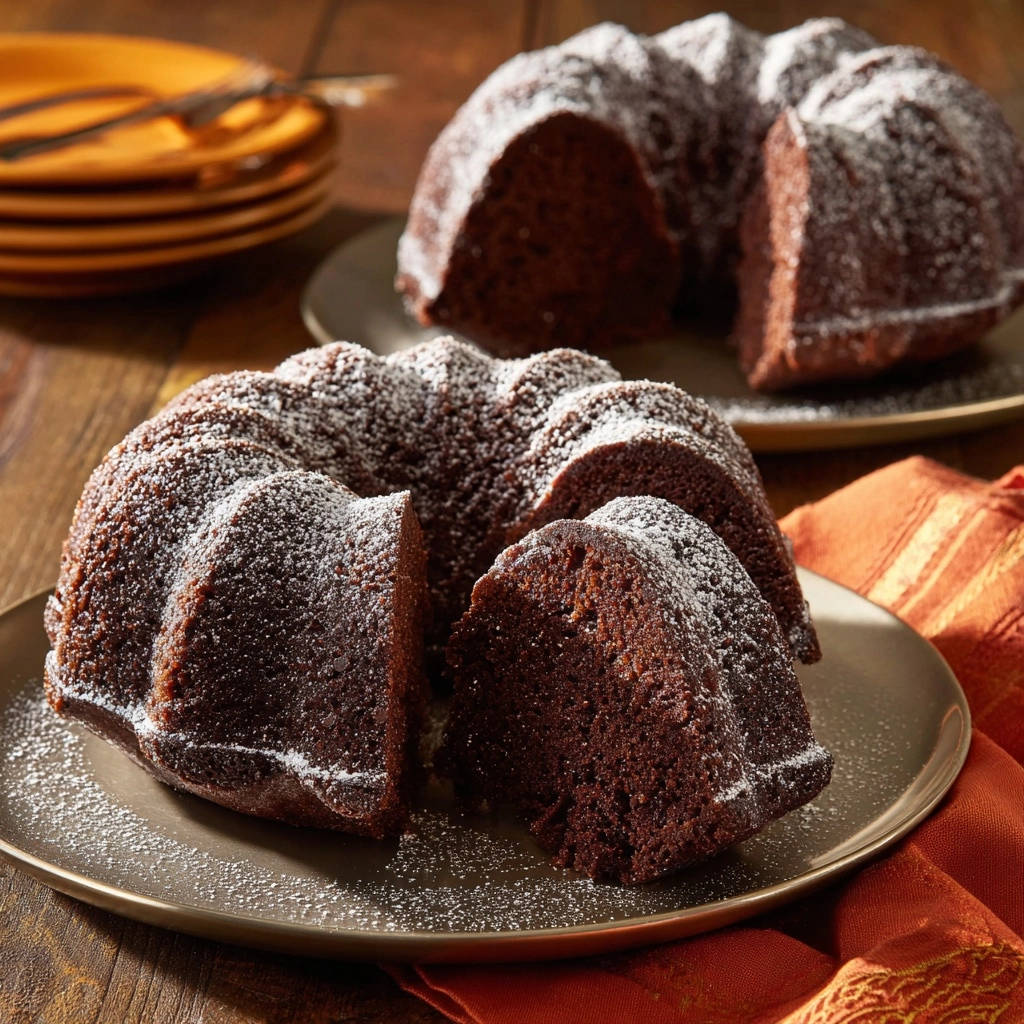 A decadent chocolate bundt cake dusted with powdered sugar, with a slice cut out, served on a gold-rimmed plate.