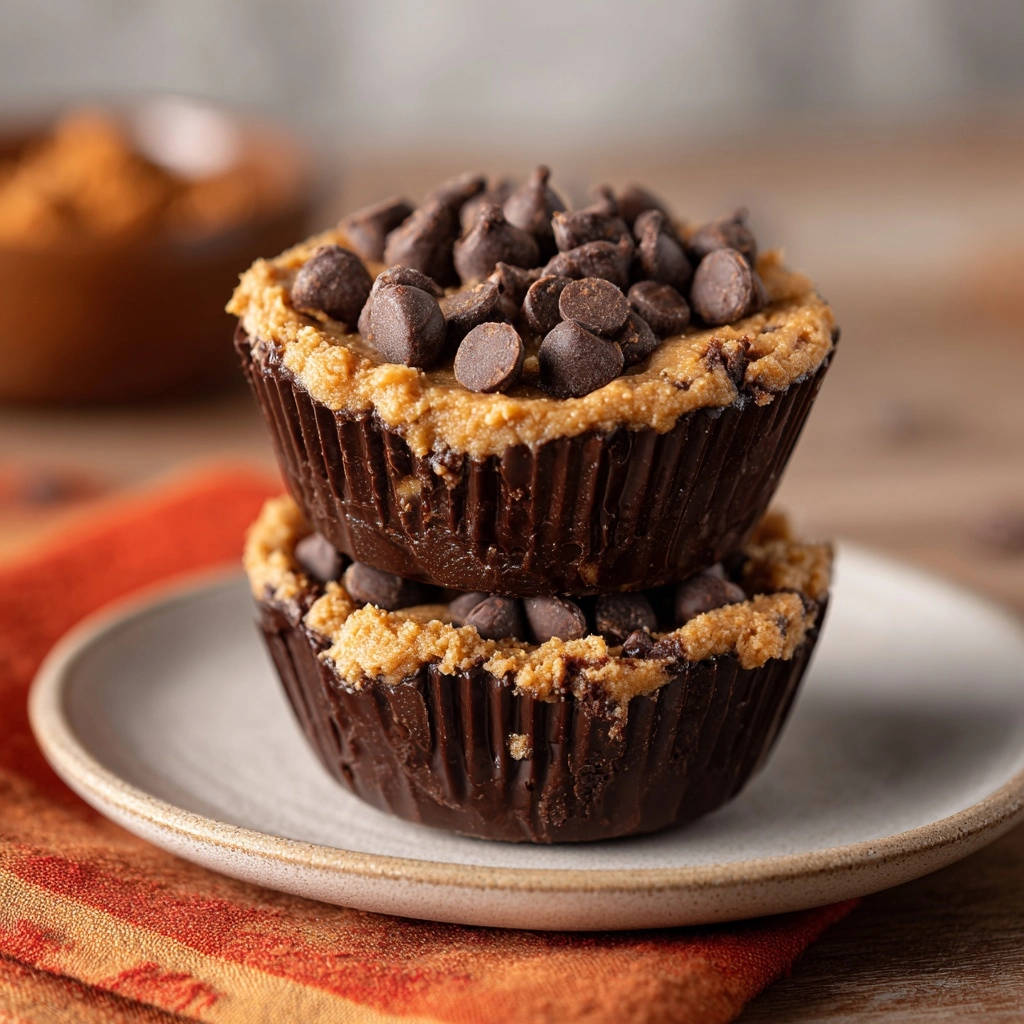 Two decadent Chocolate Peanut Butter Swirl Cups are stacked on a plate, topped with chocolate chips and a peanut butter swirl.
