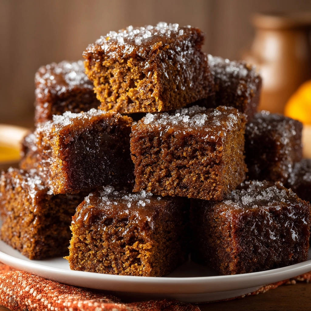 A stack of decadent chocolate squares with a glossy glaze and coarse sugar crystals on a white plate.