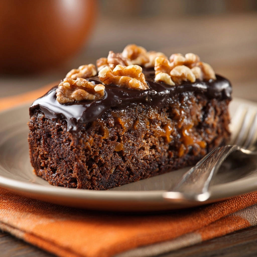 A slice of decadent chocolate walnut cake with glossy chocolate frosting and walnut pieces on a beige plate.