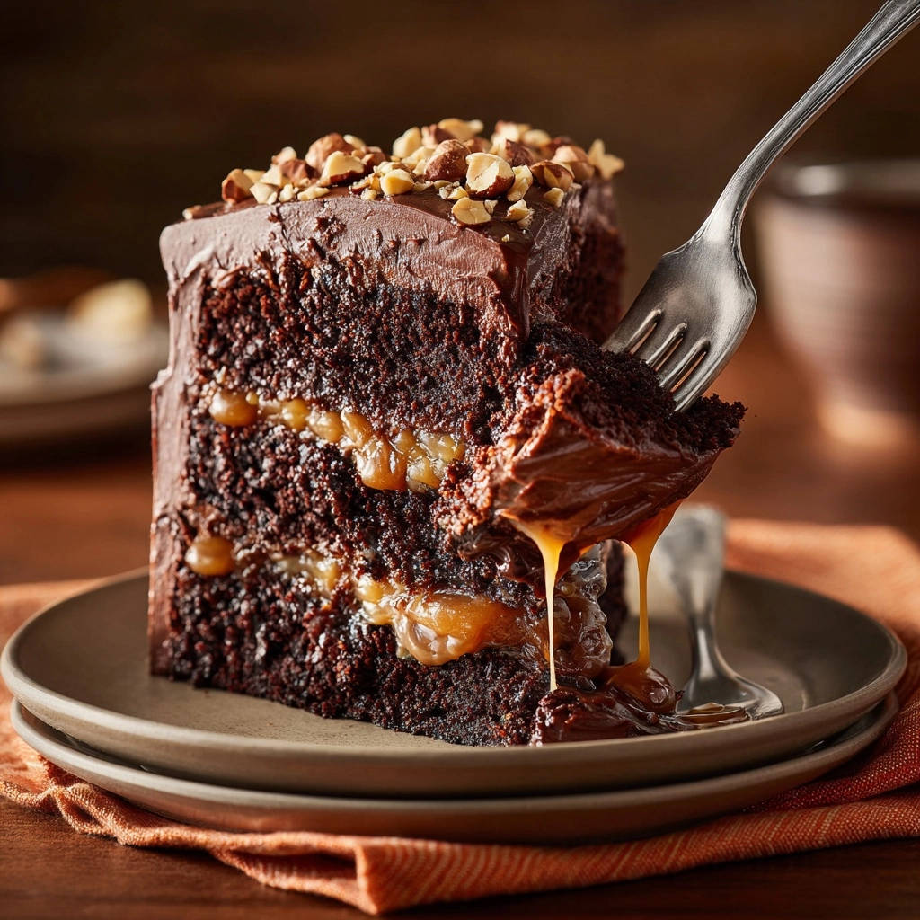 A decadent slice of Double Chocolate Caramel Dream cake with caramel filling and chocolate frosting, drizzling down the side.