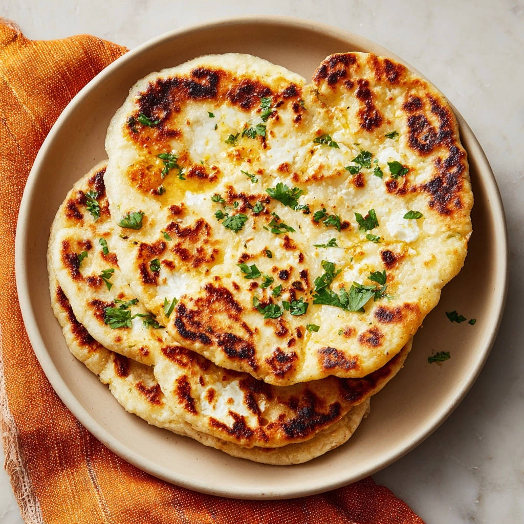 Fluffy and chewy skillet naan bread is stacked on a beige plate and garnished with fresh parsley.