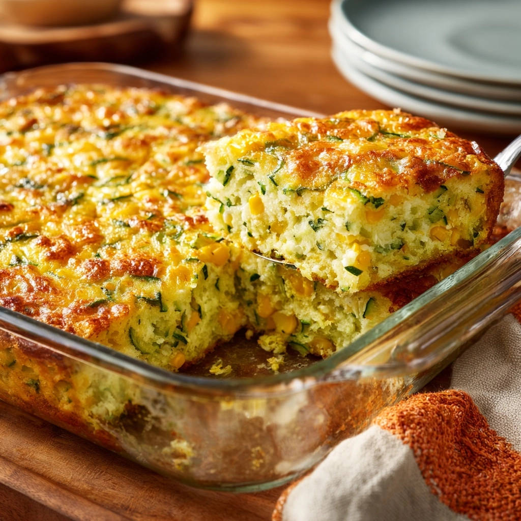 A fluffy Summer Zucchini Corn Bake is served in a glass dish, with a slice being lifted to show the corn and zucchini.