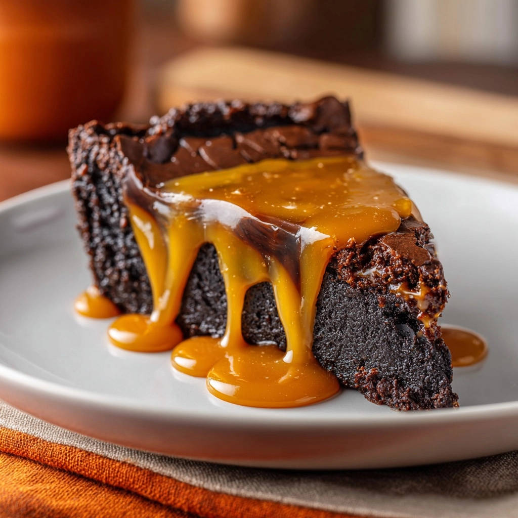 Fudgy Caramel Brownie Pie Slice Close Up 1