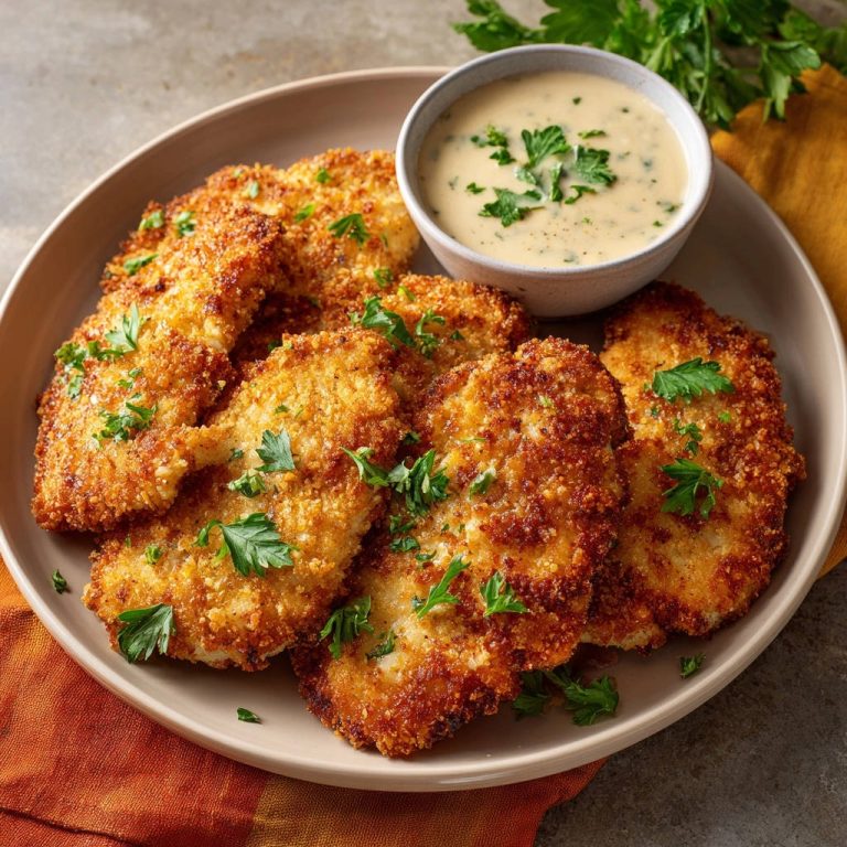 Golden Crispy Chicken Cutlets Overhead Plating